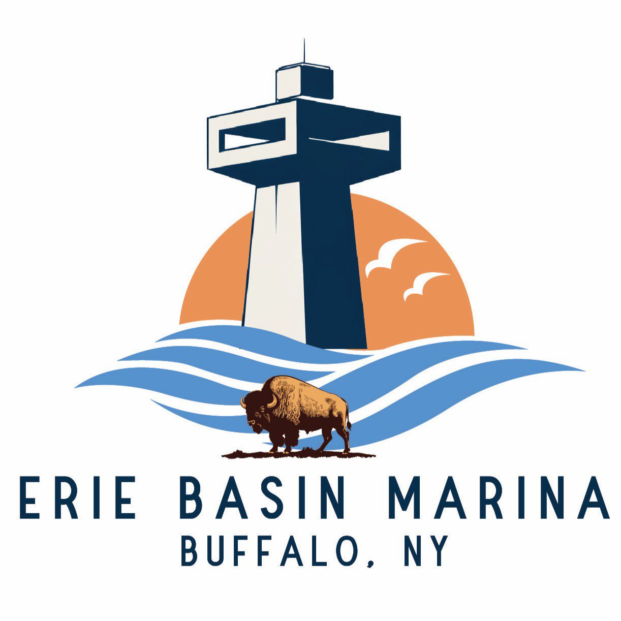 Erie Basin Marina logo with lighthouse and bison